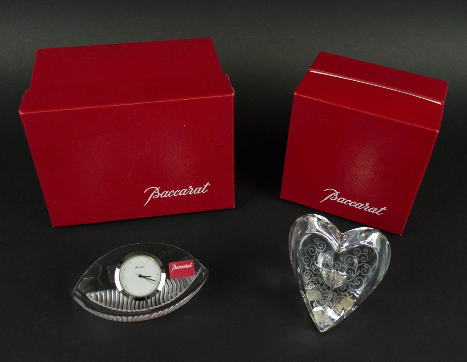 BACCARAT CRYSTAL EMPREINTE PAPERWEIGHT CLOCK, along with a heart shaped paper weight with - Image 2 of 8