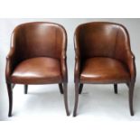 TUB ARMCHAIRS, a pair, vintage hand dyed mid brown leather upholstered, 55cm W. (2)