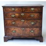 CHEST, early 18th century English Queen Anne figured walnut with two short and three long drawers,