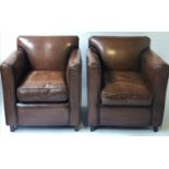 CLUB ARMCHAIRS, a pair, hand dyed grained tobacco brown leather with rounded arms, 79cm W. (2)