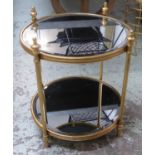 SIDE TABLES, a pair, Maison Jansen style gilt metal with two mirrored tiers, 62cm x 57cm diam. (2)