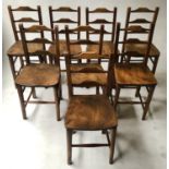 FARMHOUSE REFECTORY CHAIRS, a set of eight, 19th century English ash and elm with bar backs and