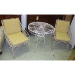 GARDEN TABLE, wirework comprising of a circular topped table, 82cm diam x 72cm H and two chairs,