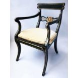 REGENCY STYLE ARMCHAIR, green and parcel gilt with cane seat, 52cm W.