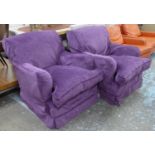 GEORGE SMITH ARMCHAIRS, a pair, with later loose purple cover upholstery, 78cm W approx. (2)