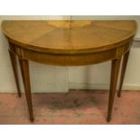 DEMI LUNE CARD TABLE, circa 1790, George III harewood, satinwood, mahogany and marquetry with fan