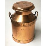 COPPER CHURN, early 20th century polished with lid marked 'Sandleford farm Newbury', 52cm H.