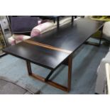 DINING TABLE, contemporary, macassar supports, ebonised top, 304cm x 90cm x 74cm.