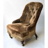 SLIPPER CHAIR, 19th century teddy bear brown plush velvet, castors stamped 'Cope and Collins'.