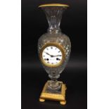 MANTEL CLOCK, late 19th century French neoclassical urn form cut glass with applied ormolu mounts