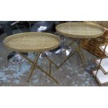 SIDE TABLES, a pair, gilt metal feather design tops, 64cm x 33cm x 68cm. (2)