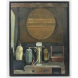 STILL LIFE, 1960s British school, oil on canvas, depicting various bottles and perfume dispensers in
