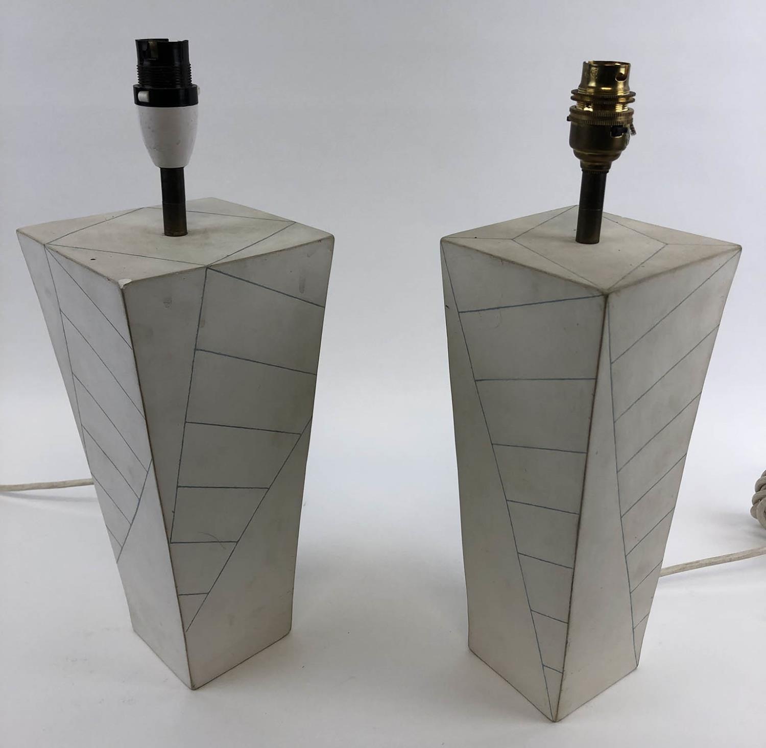 STUDIO POTTERY TABLE LAMPS, possibly John Benning, grey ceramic with darker lines of square tapering - Image 2 of 3