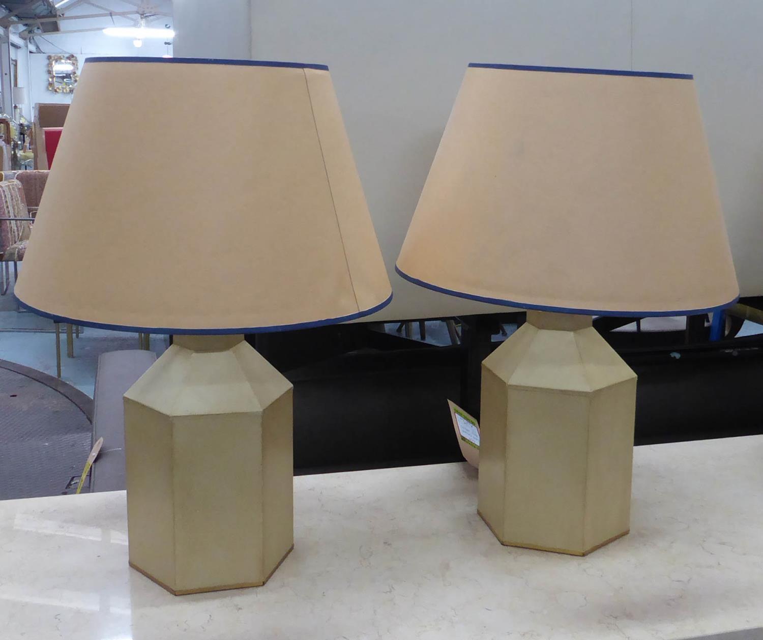 PORTA ROMANA HEXAGONAL TOLEWARE TABLE LAMPS, a pair, with hand painted shades, 58cm H. (2)