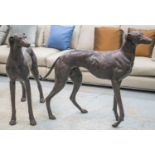 BRONZE GREYHOUNDS, a pair, 93cm H x 124cm L. (2)