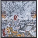 AFTER MARC CHAGALL 'Artist and Notre Dame', large silk scarf, 85cm x 85cm, framed and glazed.