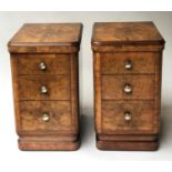 BEDSIDE CHESTS, a pair, Art Deco burr walnut, each rounded with three drawers, 40cm x 50cm x 67cm H.