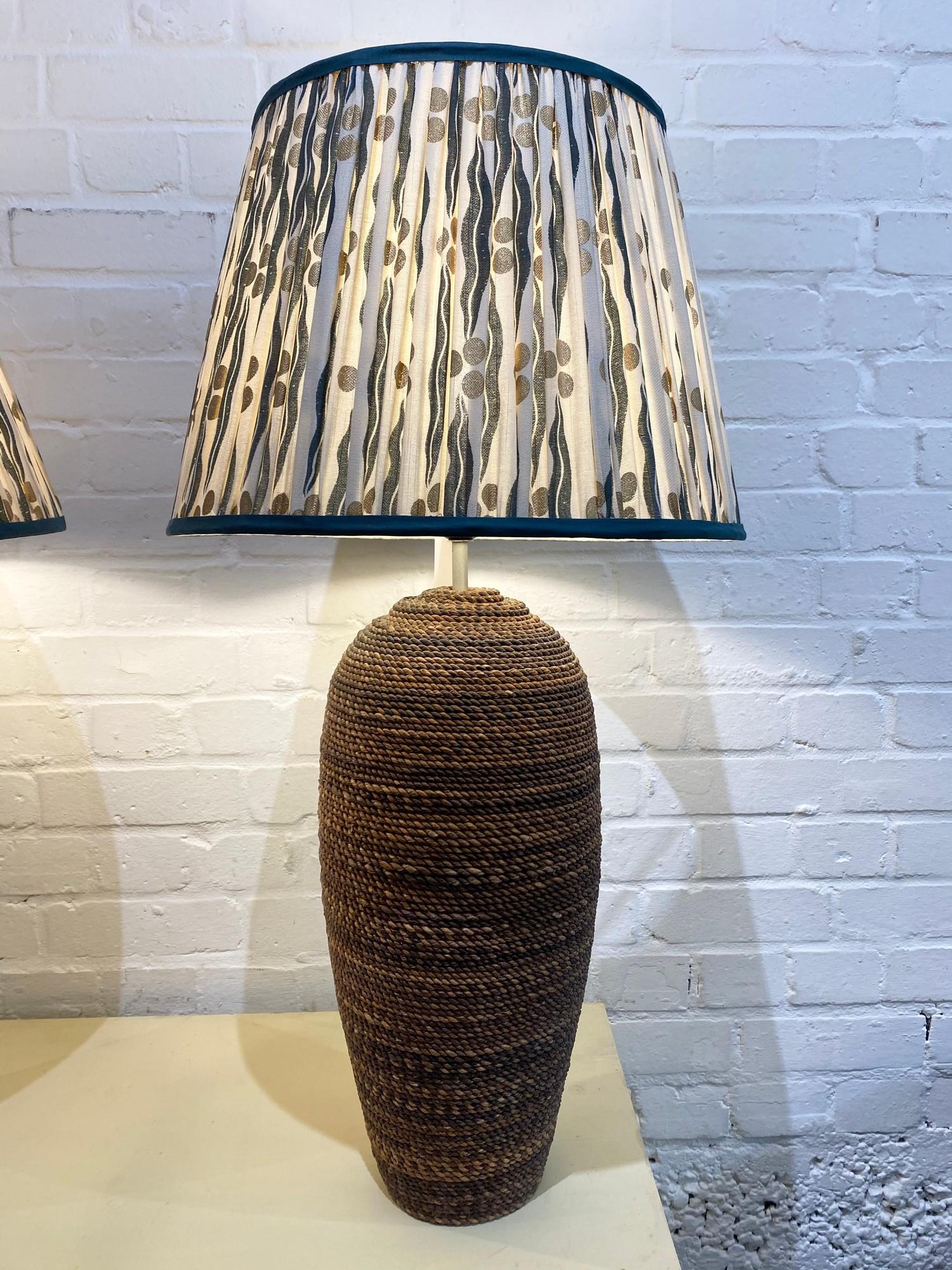 RATTAN TABLE LAMPS, a pair, with Pooky Empire shades, 87cm H. (2) - Image 3 of 4