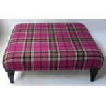 HEARTH STOOL, country house style square tartan upholstered on shaped ebonised supports, 102cm x