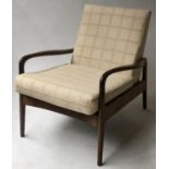 DANISH ARMCHAIR, 3rd quarter 20th century Danish teak open armchair with oatmeal check upholstery.