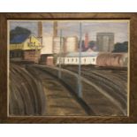 J R WOOLNOUGH 'Battersea from the Railway', oil on board, signed and dated '74, 45cm x 37cm, framed.