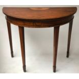 CONSOLE TABLE, George III figured mahogany, half round with sunburst satinwood centre and swag