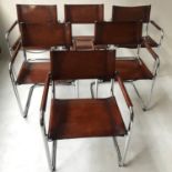 DINING ARMCHAIRS, a matched set of six, Bauhaus hand dyed mid brown stitched leather with chrome