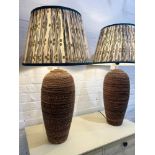 RATTAN TABLE LAMPS, a pair, with Pooky Empire shades, 87cm H. (2)