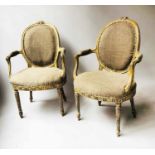 ARMCHAIRS, a pair, George III period painted and gilded with padded oval backs, stuff over seats and