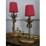 MONKEY AMONGST THE PALM TREES TABLE LAMP, with shades, 53cm H.