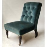 NURSING CHAIR, Victorian blue velvet upholstered with turned front supports, 55cm W.