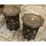 ISLAMIC OCCASIONAL TABLES, a pair, carved hardwood with octagonal tops and bone inlaid decoration,