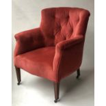 SLIPPER ARMCHAIR, Edwardian mahogany with rounded arch buttoned back in claret red velvet, 70cm W.