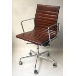 REVOLVING DESK CHAIR, Charles and Ray Eames inspired, with ribbed hand dyed tan leather, revolving