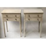 BEDSIDE/LAMP TABLES, a pair, Georgian style grey painted and silver metal mounted with two