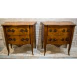 COMMODES, a pair, French fruitwood of serpentine form each with two drawers, gilt mounts stamped