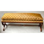 HEARTH STOOL, Regency style mahogany rectangular with yellow silk upholstery, feather cushion and