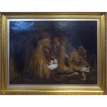 AFTER SIR EDWIN LANDSEER 'The Lions', oil on canvas, monogrammed GD, 47cm x 70cm, framed.