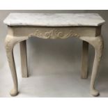 CONSOLE TABLE, French Louis XV style grey serpentine painted with grey veined white marble top on