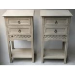 BEDISDE/LAMP TABLES, a pair, Louis XVI style grey painted each with two drawers and reeded supports,