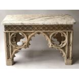 GOTHIC CENTRE TABLE, 19th century bleached pine with rosette carved frieze and arcaded supports with