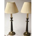 LAMPS, a pair, Neo Classical gilt metal with reeded columns and stepped base with shades, 63cm H.