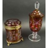 BISCUIT BARREL, cranberry cut and etched glass with metal mounts along with a lidded urn form