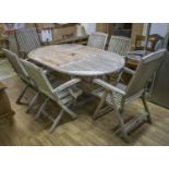LINDSEY GARDEN SUITE, teak comprimising a table, 75cm H x 120cm D x 180cm, extended and six
