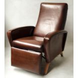 RECLINING ARMCHAIR, 1970's hand dyed tobacco brown soft leather with fully reclining back and