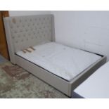 DOUBLE BED, grey upholstered with a tall buttoned headboard and mattress, 133cm H x 175cm W.