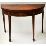 CARD TABLE, George III mahogany and satinwood with line and sunburst inlaid foldover top on spade