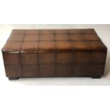 CENTRE STOOL, Timothy Oulton style rectangular stitched and piped hand finished tobacco brown