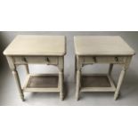 BEDSIDE/LAMP TABLE, a pair, French style grey painted each with drawer and cane undertier. (2)