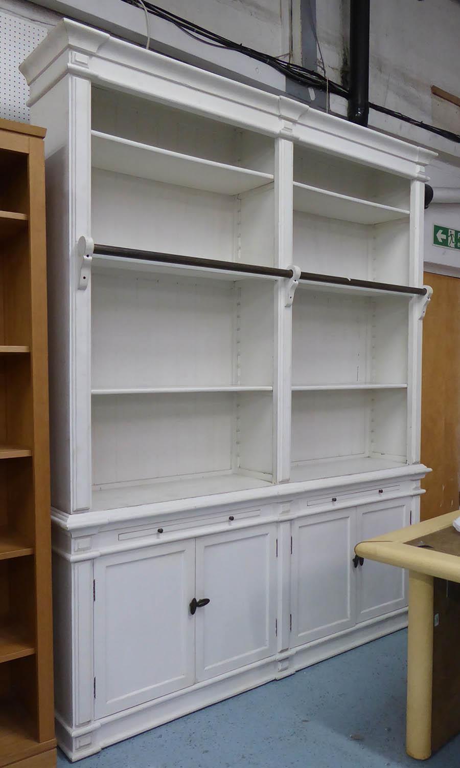 BOOKCASE, contemporary white painted, with associate ladder, 198cm W x 110cm D with ladder (40cm D